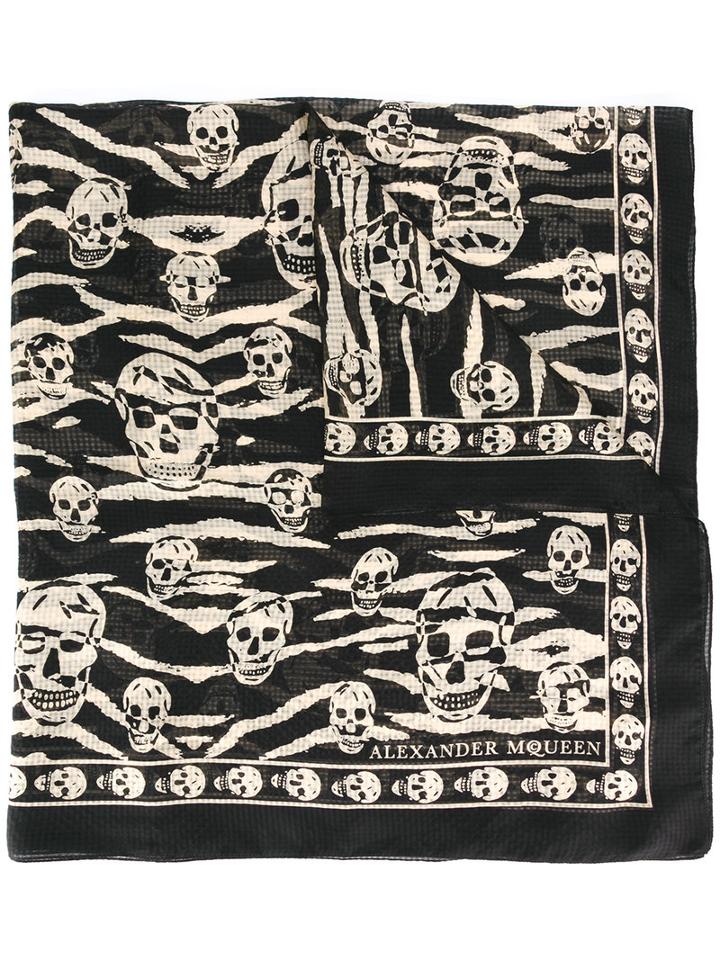 Alexander Mcqueen Skull And Tiger Stripes Scarf, Men's, Black, Silk