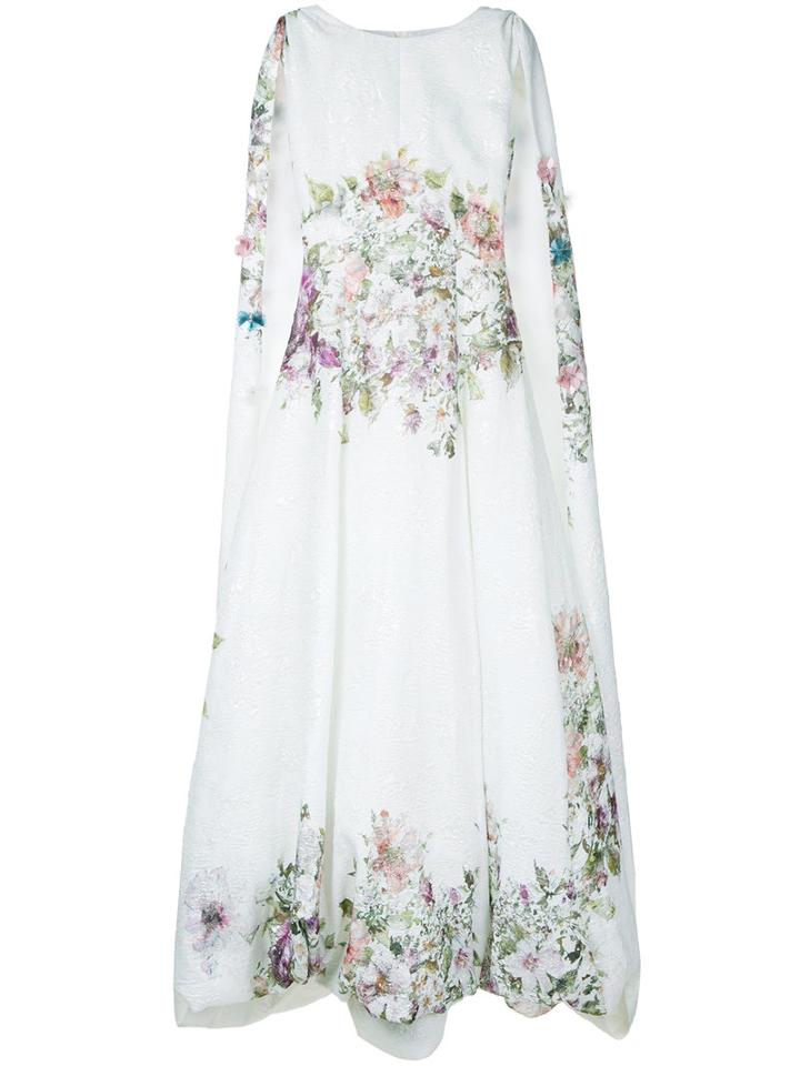 Isabel Sanchis - Floral Cape Gown - Women - Silk/polyamide/viscose - 38, White, Silk/polyamide/viscose