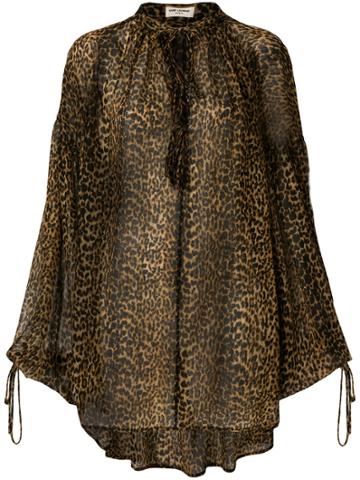 Saint Laurent Sheer Leopard Print Lace Front Blouse - Brown