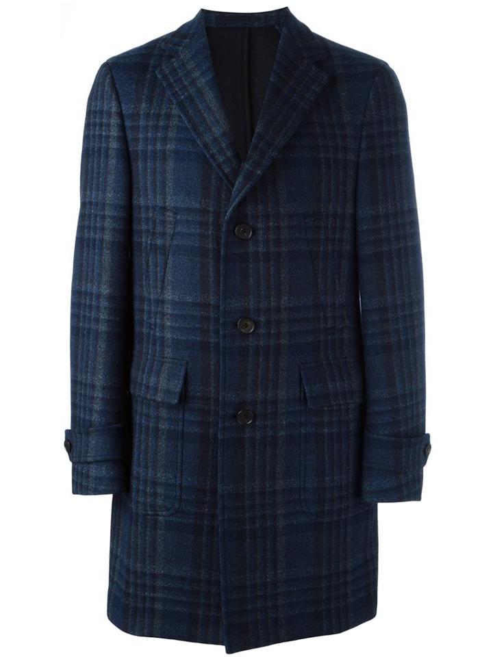 Salvatore Ferragamo Checked Coat, Men's, Size: 48, Blue, Cupro/virgin Wool
