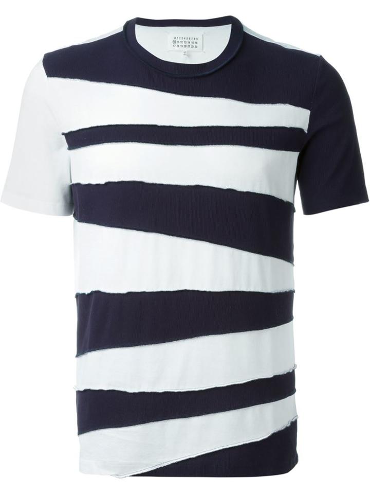 Maison Margiela Striped Panelled T-shirt, Men's, Size: 52, Blue, Cotton