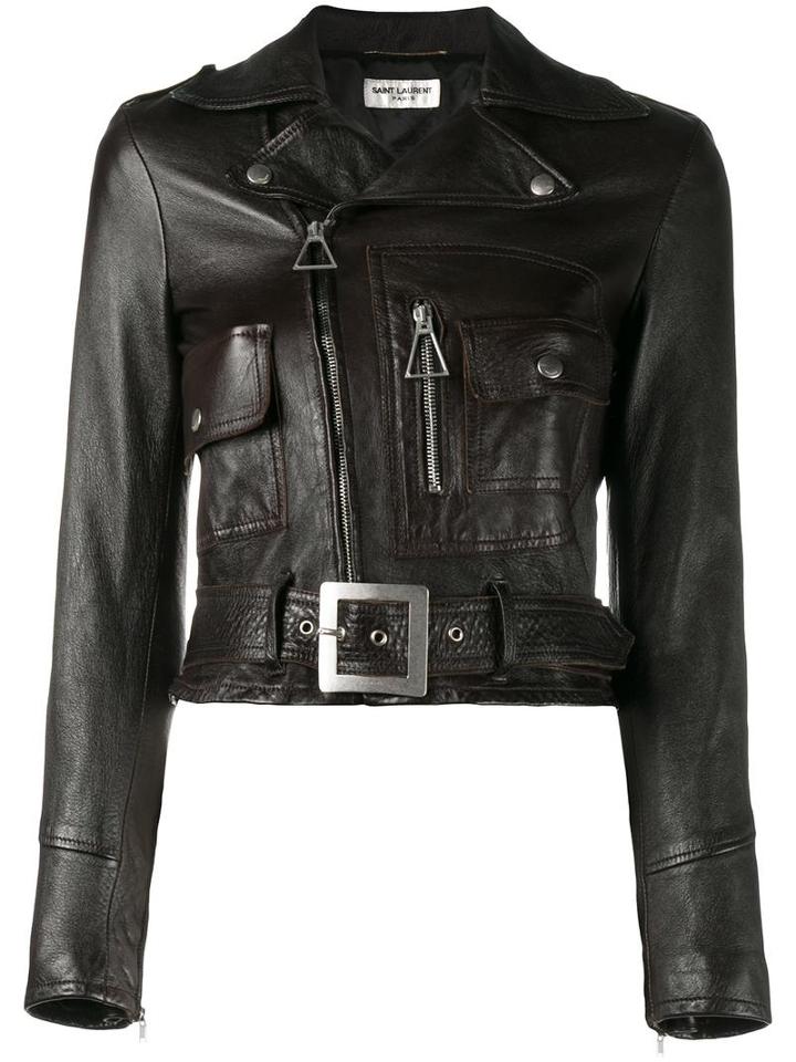 Saint Laurent Cropped Biker Jacket, Women's, Size: 34, Brown, Cotton/lamb Skin/cupro