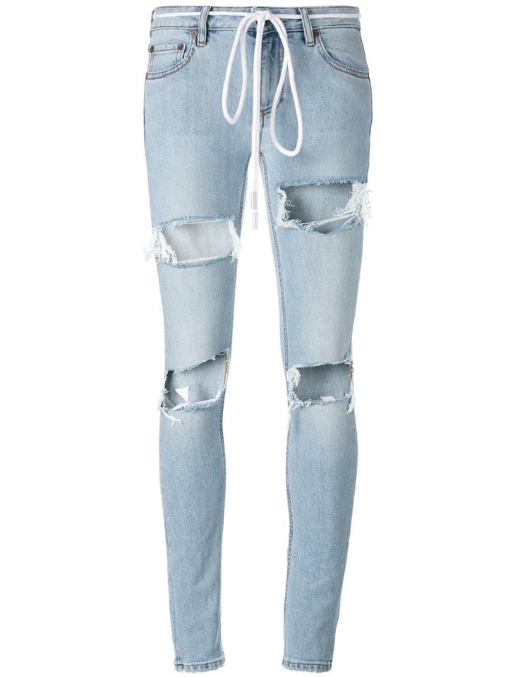 Off-white Ripped Drawstring Skinny Jeans, Women's, Size: 28, Blue, Spandex/elastane/cotton