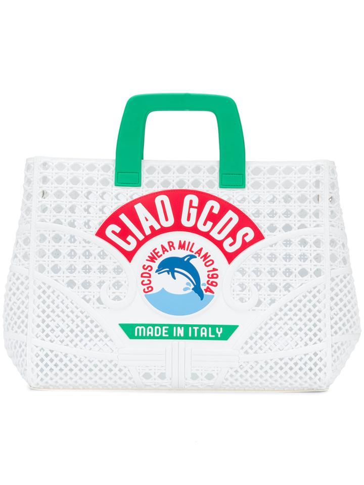 Gcds Ciao Logo Woven Handbag - White
