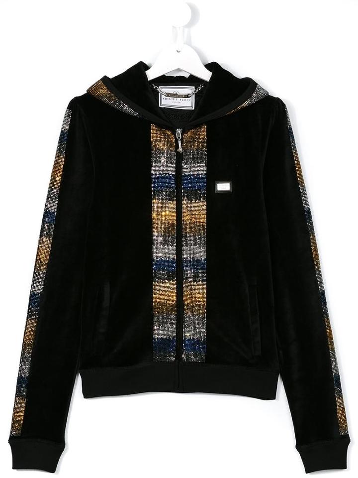 Philipp Plein Kids Rhinestone Embellished Velvet Hoodie, Girl's, Size: 14 Yrs, Black