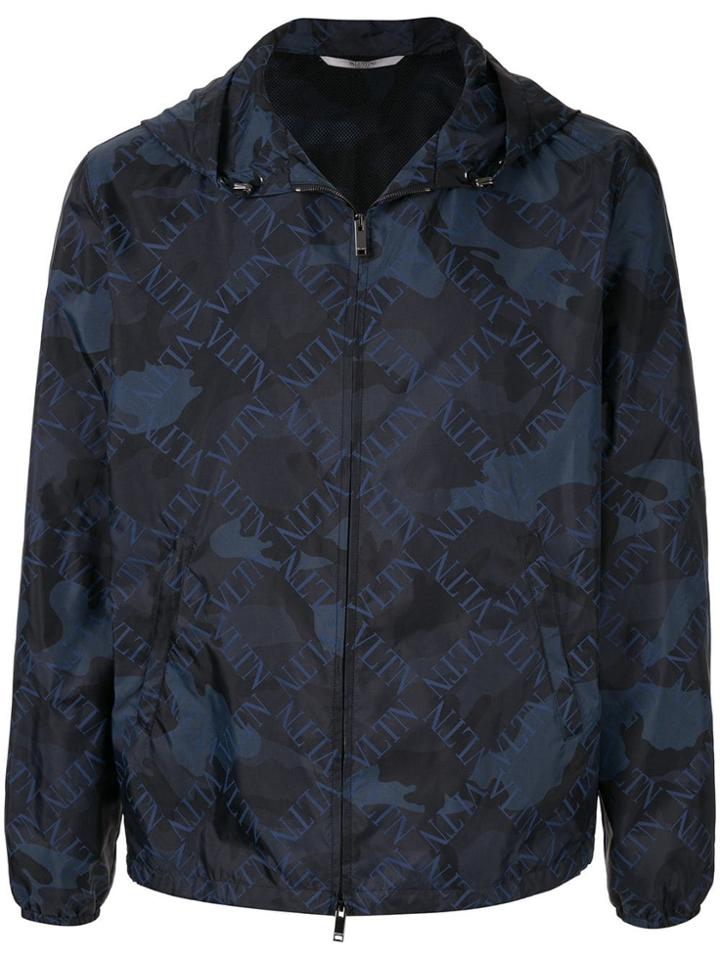 Valentino Camouflage Print Zipped Hooded Jacket - Blue