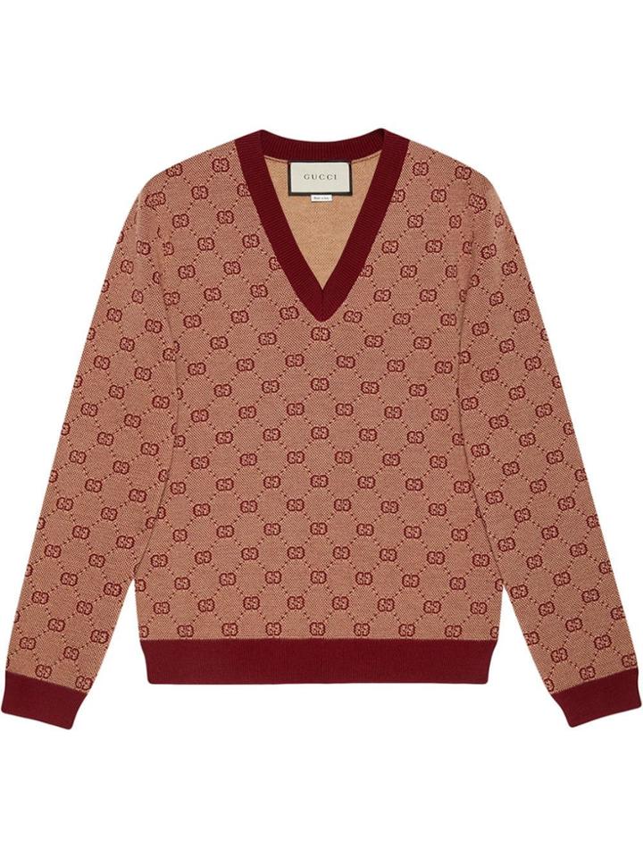 Gucci Gg Jacquard Knit V-neck Jmper - Red