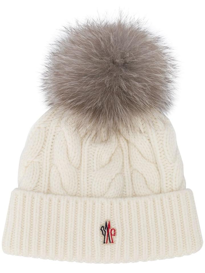 Moncler Grenoble Fox Fur Pom Pom Beanie Hat - White