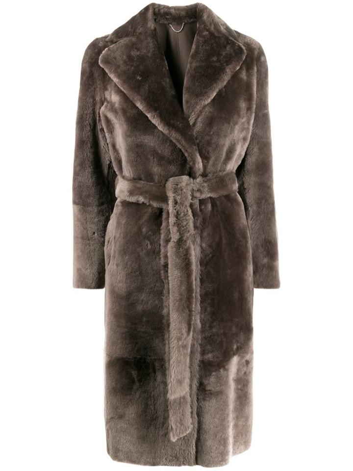 Desa Collection Belted Shearling Coat - Grey