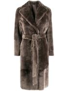 Desa Collection Belted Shearling Coat - Grey