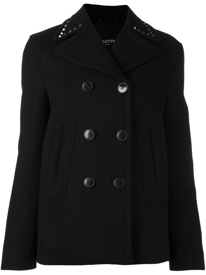 Valentino 'rockstud' Peacoat, Women's, Size: 46, Black, Cotton/linen/flax/virgin Wool