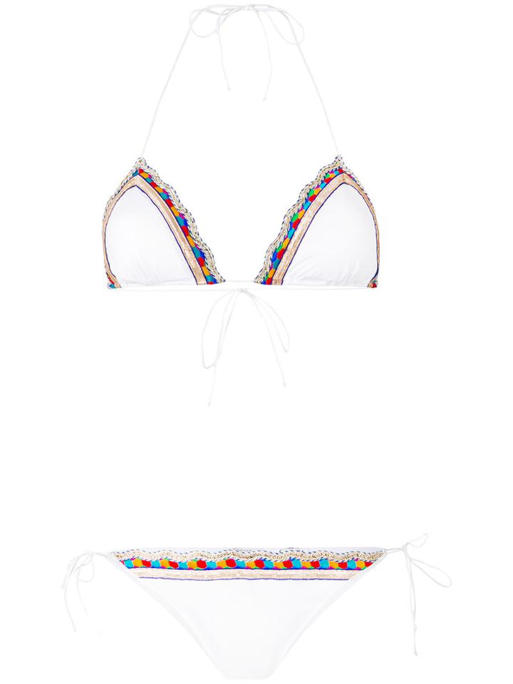 Oseree - Woven Trim Triangle Bikini - Women - Cotton/nylon/polyamide/spandex/elastane - M, White, Cotton/nylon/polyamide/spandex/elastane