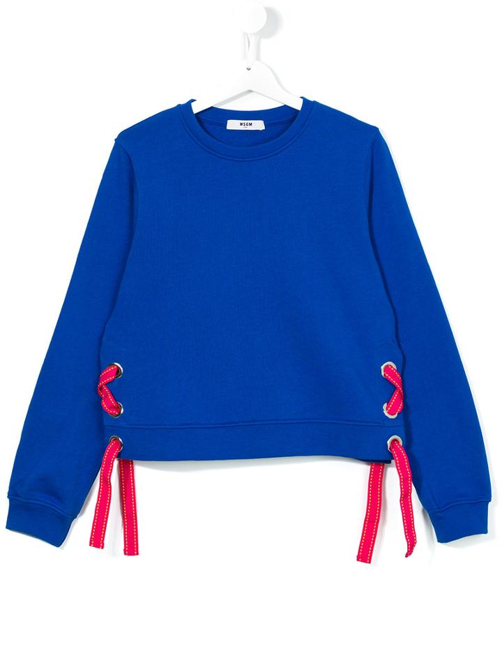 Msgm Kids Lace-up Sweatshirt, Size: 14 Yrs, Blue
