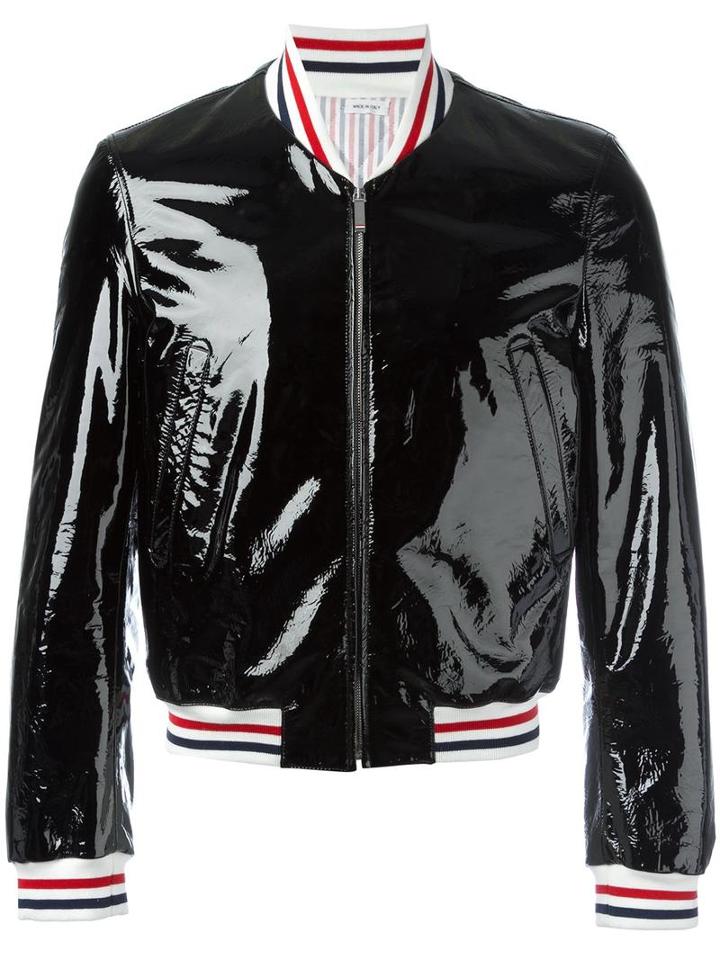 Thom Browne Striped Detail Bomber Jacket, Men's, Size: 2, Black, Lamb Skin/cotton/silk