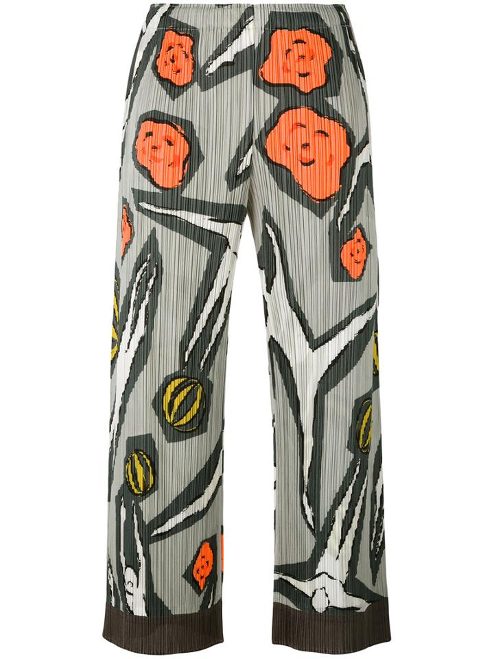 Pleats Please By Issey Miyake - Floral Print Pleated Trousers - Women - Polyester - 2, Grey, Polyester