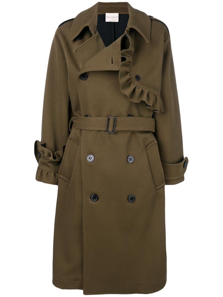 Erika Cavallini Ruffle Trim Double Breasted Coat - Brown