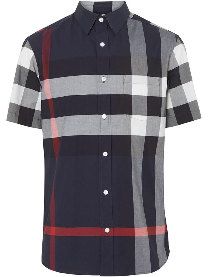 Burberry Short-sleeve Check Stretch Cotton Shirt - Blue
