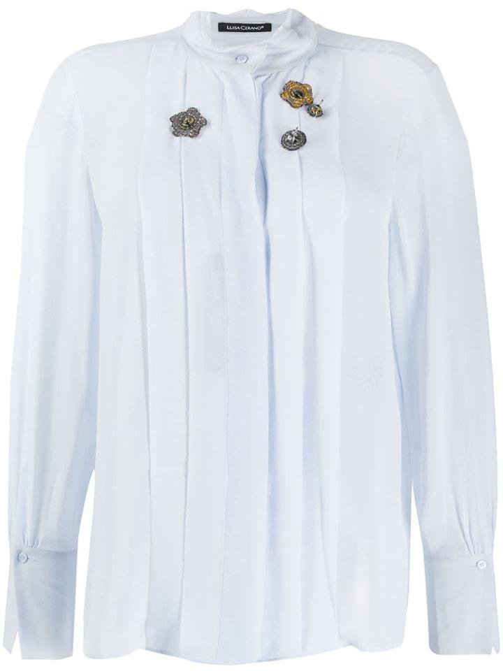 Luisa Cerano Pleated Bib Mandarin Collar Shirt - Blue