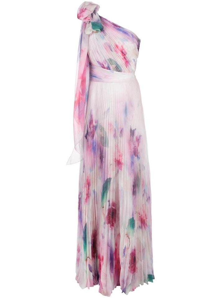 Marchesa Notte One Shoulder Floral Print Chiffon Gown - Pink