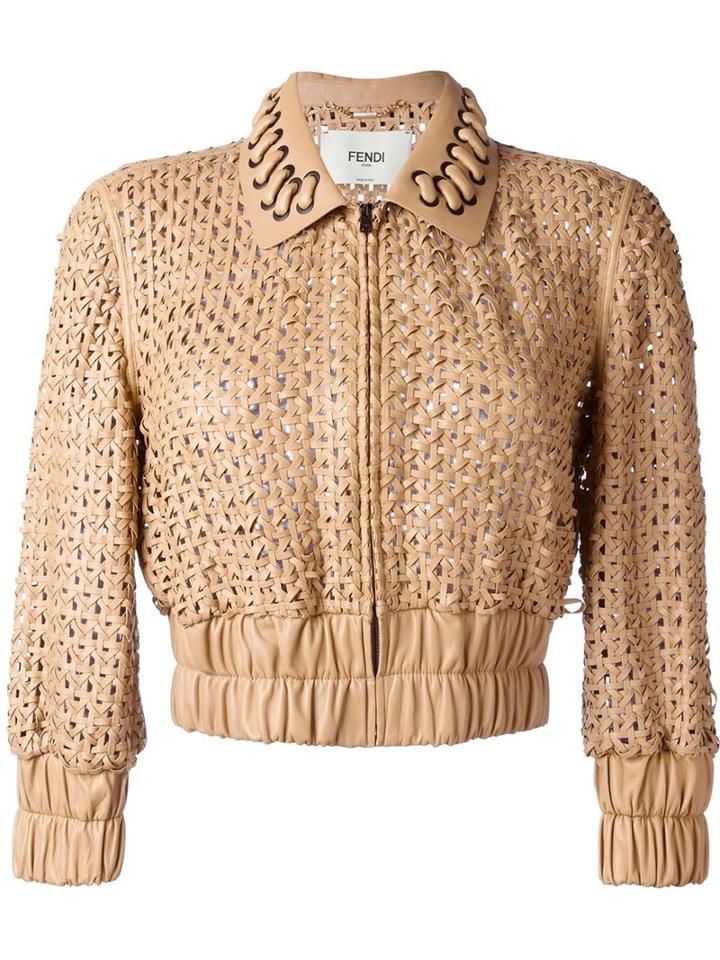 Fendi Cropped Woven Jacket, Women's, Size: 42, Nude/neutrals, Calf Leather