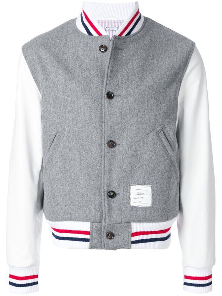 Thom Browne Button Front Melton Wool Varsity Jacket - Grey