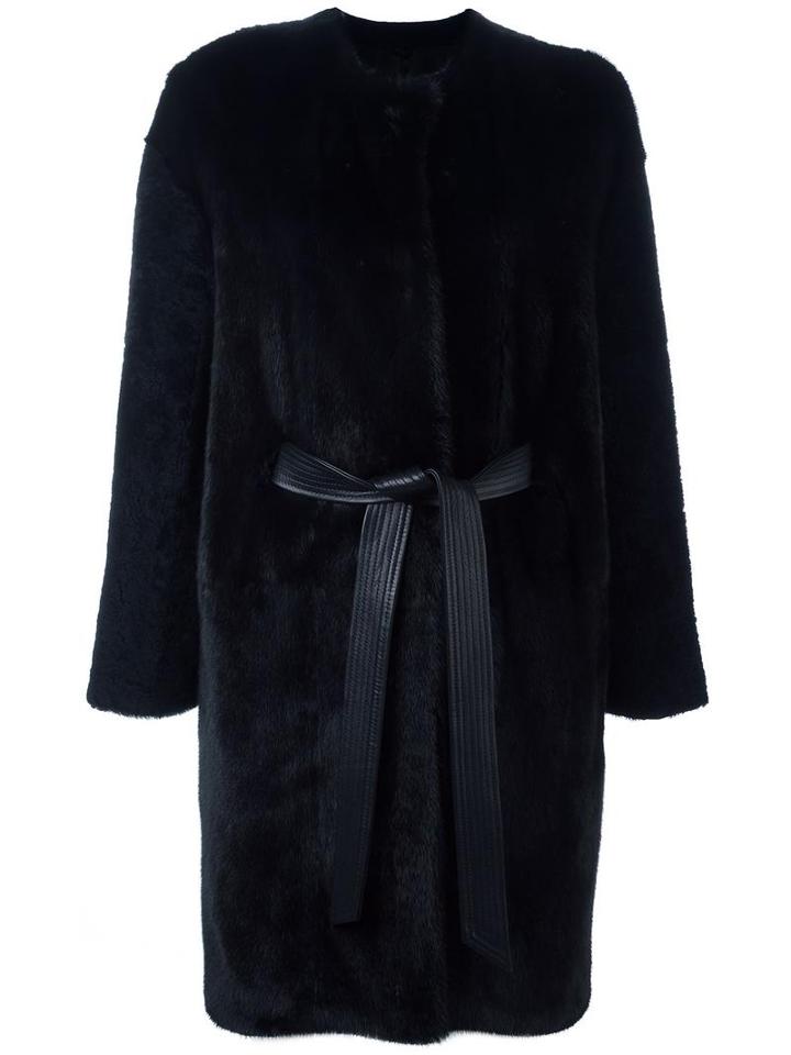Liska Belted Fur Coat, Women's, Size: Large, Blue, Lamb Skin/lamb Fur/mink Fur