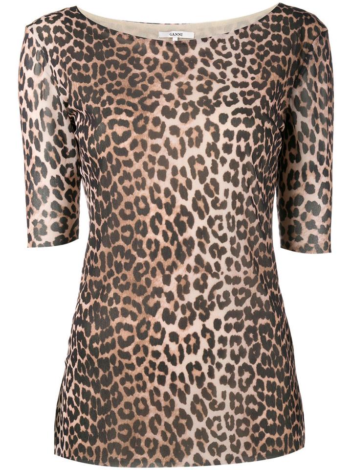 Ganni - Peirce Leopard Print Top - Women - Polyamide - 42, Brown, Polyamide