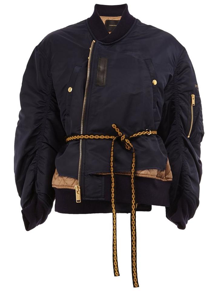 Undercover Oversized Sleeves Bomber Jacket, Women's, Size: 2, Blue, Sheep Skin/shearling/nylon/cupro/wool