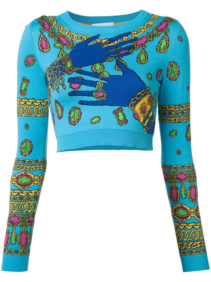 Moschino - Hands And Jewels Cropped Jumper - Women - Cotton - 40, Blue, Cotton