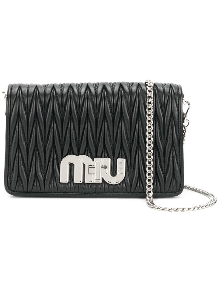 Miu Miu Pleated Logo Plaque Shoulder Bag - Black
