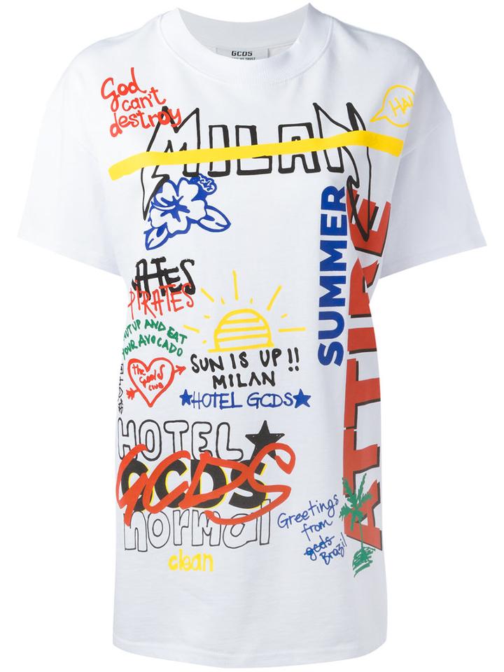 Gcds Mixed Print T-shirt, Women's, Size: Medium, White, Cotton