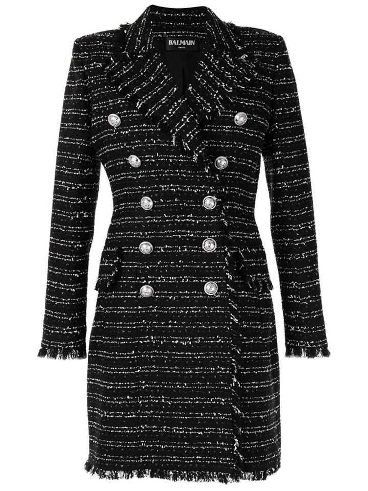 Balmain Double-breasted Tweed Coat - Black