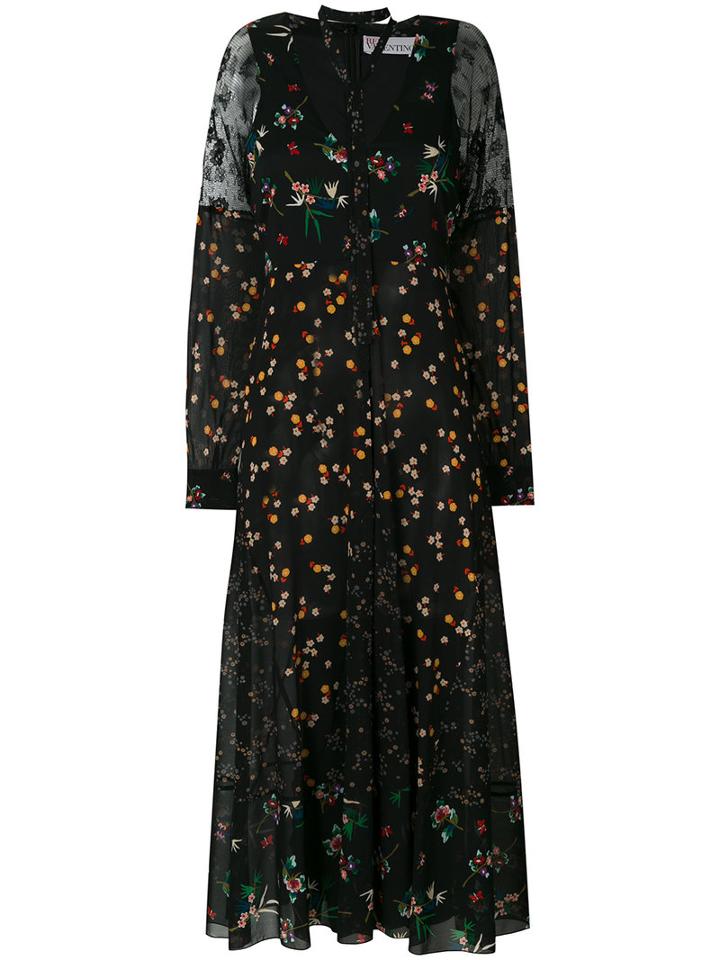 Red Valentino - Floral Printed Sheer Dress - Women - Polyester - 40, Black, Polyester