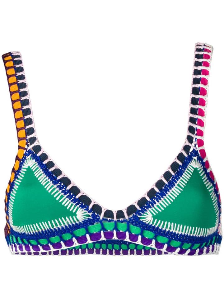Kiini Colour Block Embroidered Bikini Top - Green