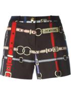 Love Moschino Belt Print Shorts, Women's, Size: 42, Black, Cotton/spandex/elastane