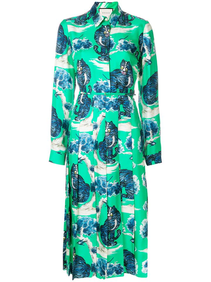 Gucci Wildcat-print Shirt Dress - Green