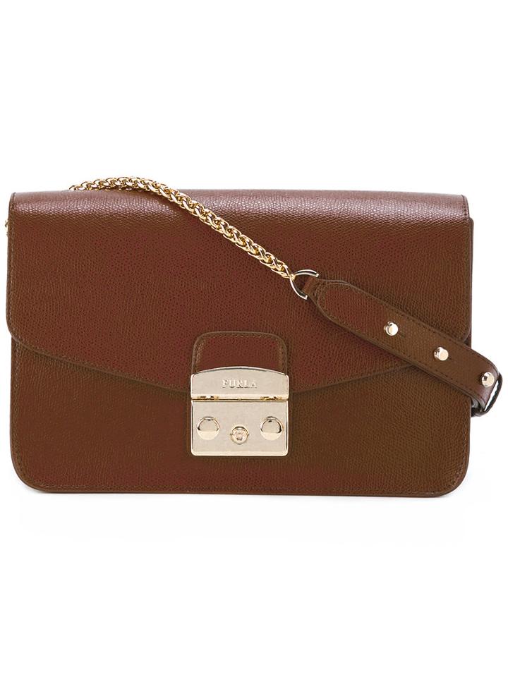 Furla Envelope Flap Bag With Gold Tone Shoulder Chain, Women's, Brown, Leather/nylon/viscose