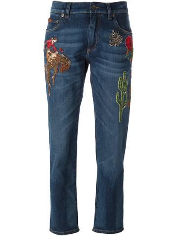 Dolce & Gabbana Western Patch Boyfriend Jeans, Men's, Size: 50, Blue, Cotton/spandex/elastane/calf Leather/polyester