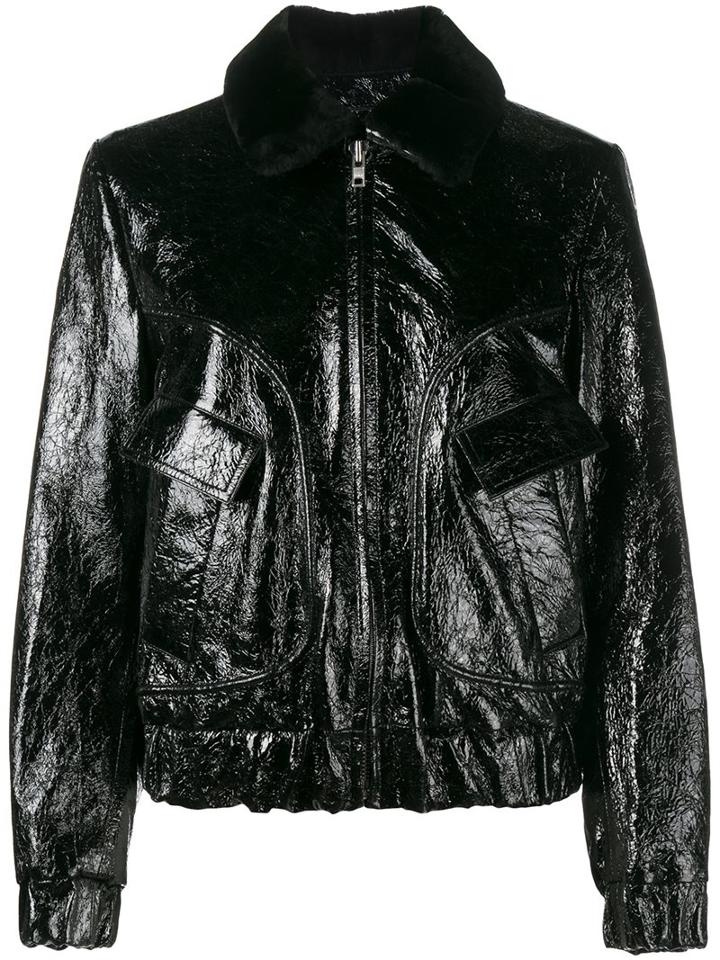 Ganni Rose Embroidered Bomber Jacket, Women's, Size: Medium, Black, Lamb Fur/leather/polyester