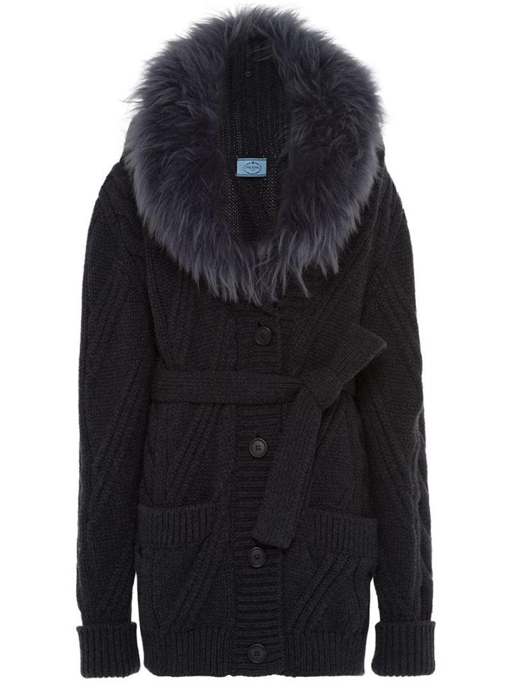 Prada Fur Collar Knitted Cardigan - Grey