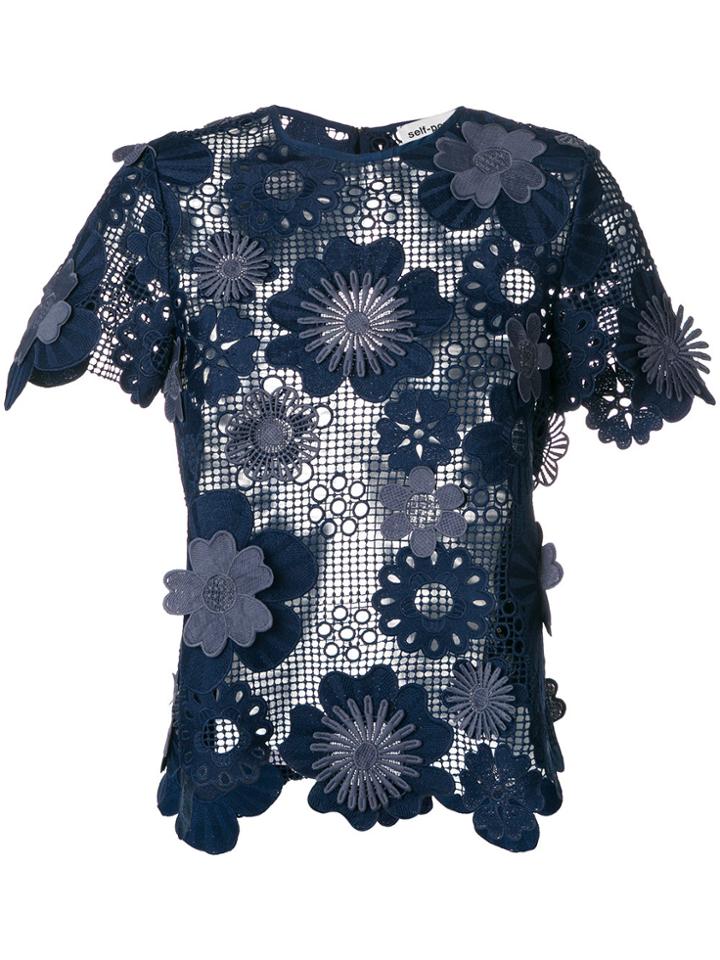 Self-portrait Mesh Floral Tee - Blue