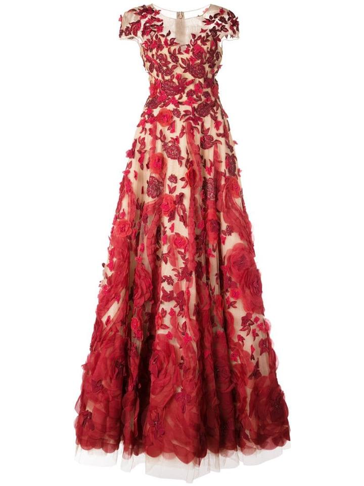 Marchesa Floral Appliqué Gown - Red