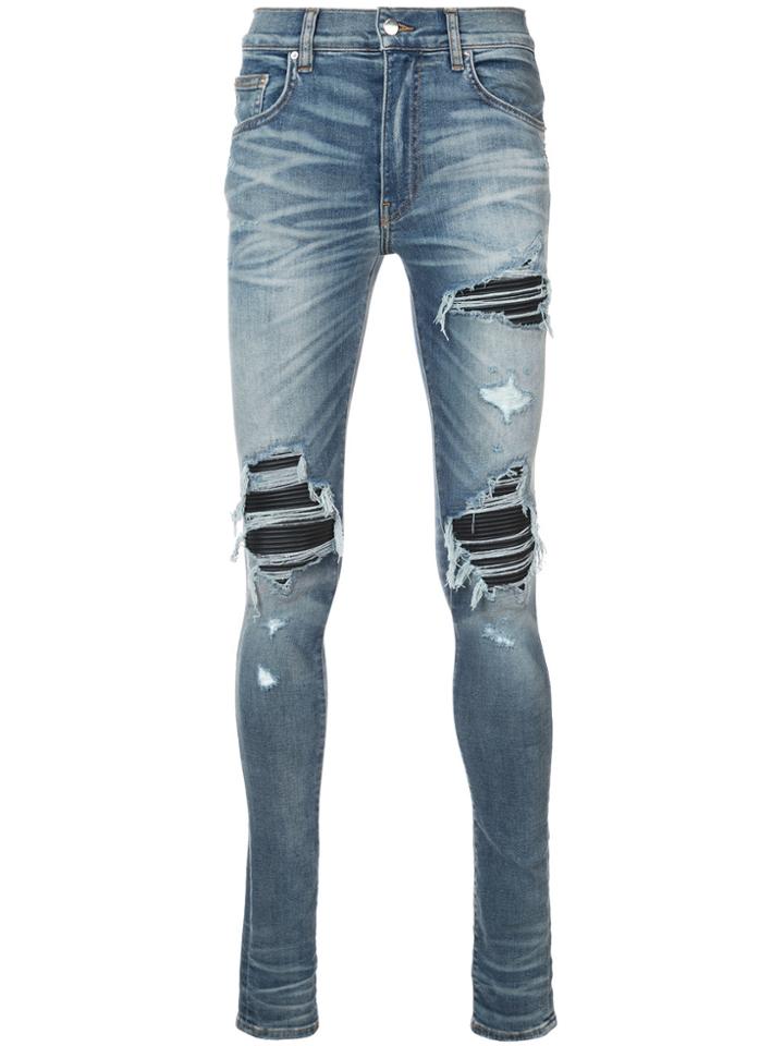 Amiri Distressed Skinny Jeans With Biker Panel Inserts - Blue