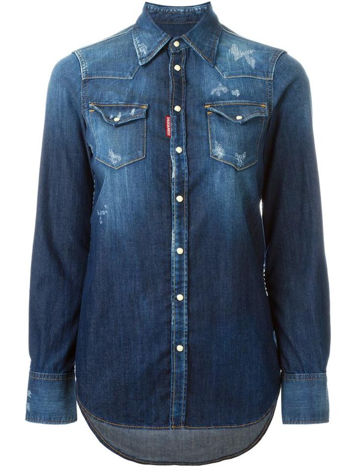 Dsquared2 Distressed Denim Shirt, Women's, Size: 44, Blue, Cotton/spandex/elastane