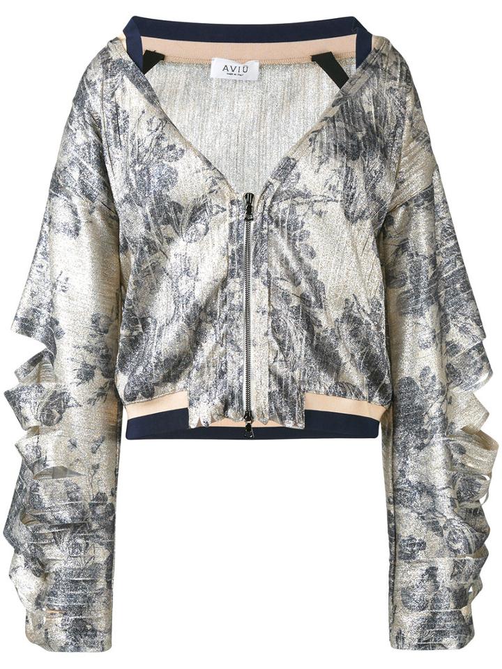 Aviù - Printed Open Collar Bomber Jacket - Women - Cotton/polyamide/polyester/spandex/elastane - 44, Grey, Cotton/polyamide/polyester/spandex/elastane