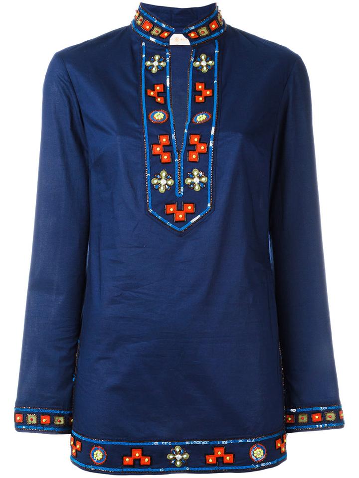 Tory Burch Embroidered Open Neck Top, Women's, Size: 8, Blue, Cotton