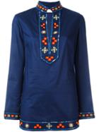 Tory Burch Embroidered Open Neck Top, Women's, Size: 8, Blue, Cotton