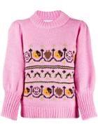 Ganni Jacquard Knit Puff Sleeve Jumper - Pink