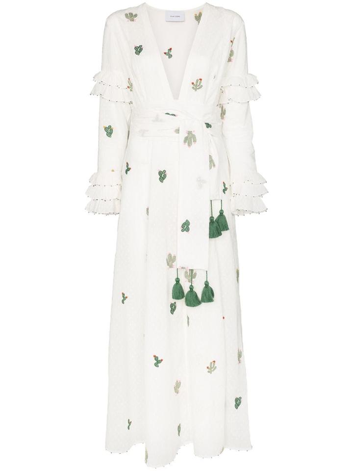 We Are Leone Cactus Embroidered Ruffle Cotton Dress - White