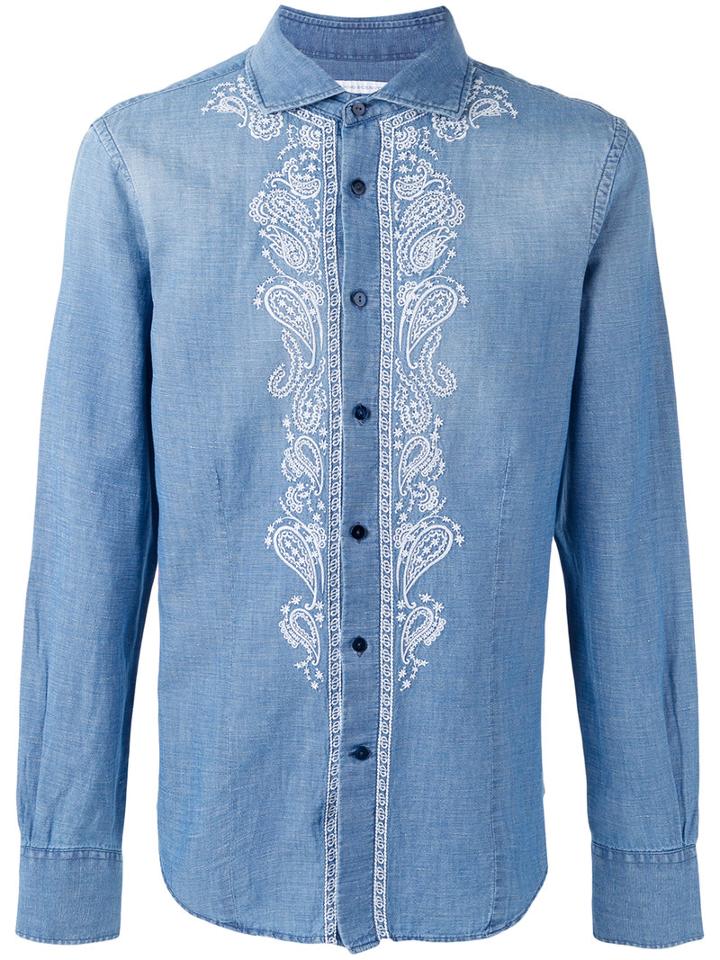 Ermanno Scervino Embroidered Panel Buttoned Shirt, Men's, Size: 48, Blue, Cotton/linen/flax